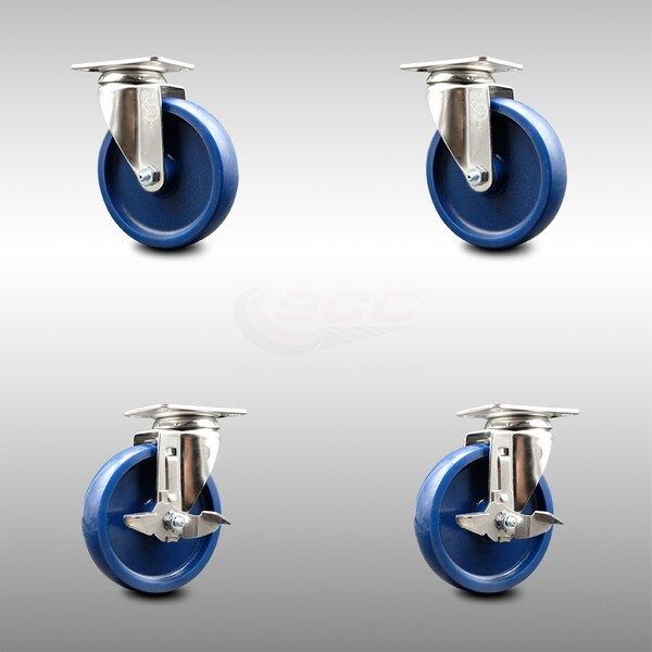 5 Inch 316SS Solid Polyurethane Wheel Swivel Top Plate Caster Brakes SCC, 2PK